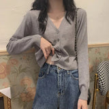 2026 Women Long Sleeve Cropped Cardigan V Neck Button Down Knit Lady Autumn Spring Knitted Single-breasted Cardigan Sweaters