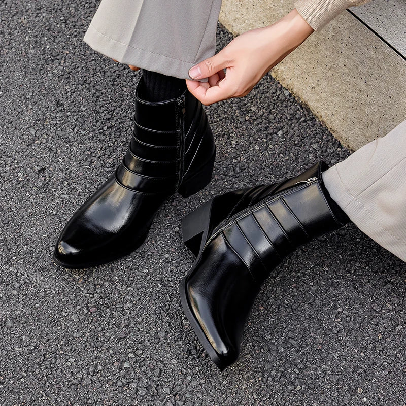 Luxury Men Boots Leather Chelsea Boots High Top Buckle Strap Formal Shoes Black British Style Ankle Boots Pointed Toe Brown Boot