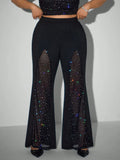 Plus Size Women Mesh Rhinestone Flare Pants High Waist See Through Sparkly Bell Bottom Trousers Night Club Party Black Pants