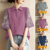 ZANZEA Summer 2026 Women's Elegant Blouses Turn-Down Collar Half-Zip Floral Print 3/4 Sleeves Patchwork Shirts Woman Clothes 3XL