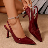 Elegant Sexy Ladies Glossy Patent Leather Pointed Toe Slingback Heels Thin Stiletto Back Strap High Heel Pumps Soft Cushioned Insole Women Wedding Date Evening Party Office Formal Dress Footwear White Black Burgundy Three Col