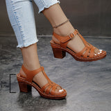 2026 Summer Plus Size 36-43 Sandals for Women, Stitched Thick High Heel, Comfortable Peep Toe, Single Strap Women's Sandals 43
