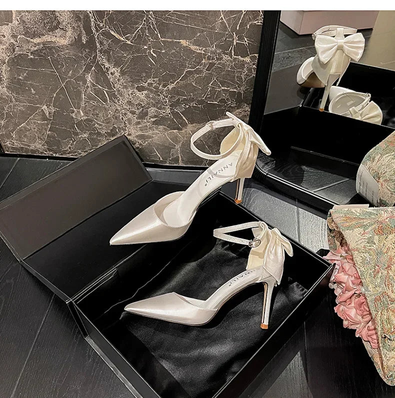 New One line Ribbon White Wedding Shoes Sweet Bow Bridal Shoes Large Heels