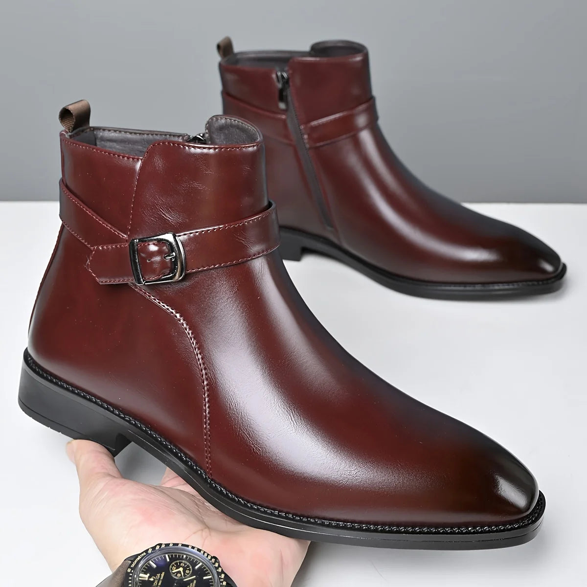 Mens Buckle Strap Ankle Boots Pointed Toe Leather Formal Chelsea Boots Man Business Dress Short Botas for Men High Top Footwear