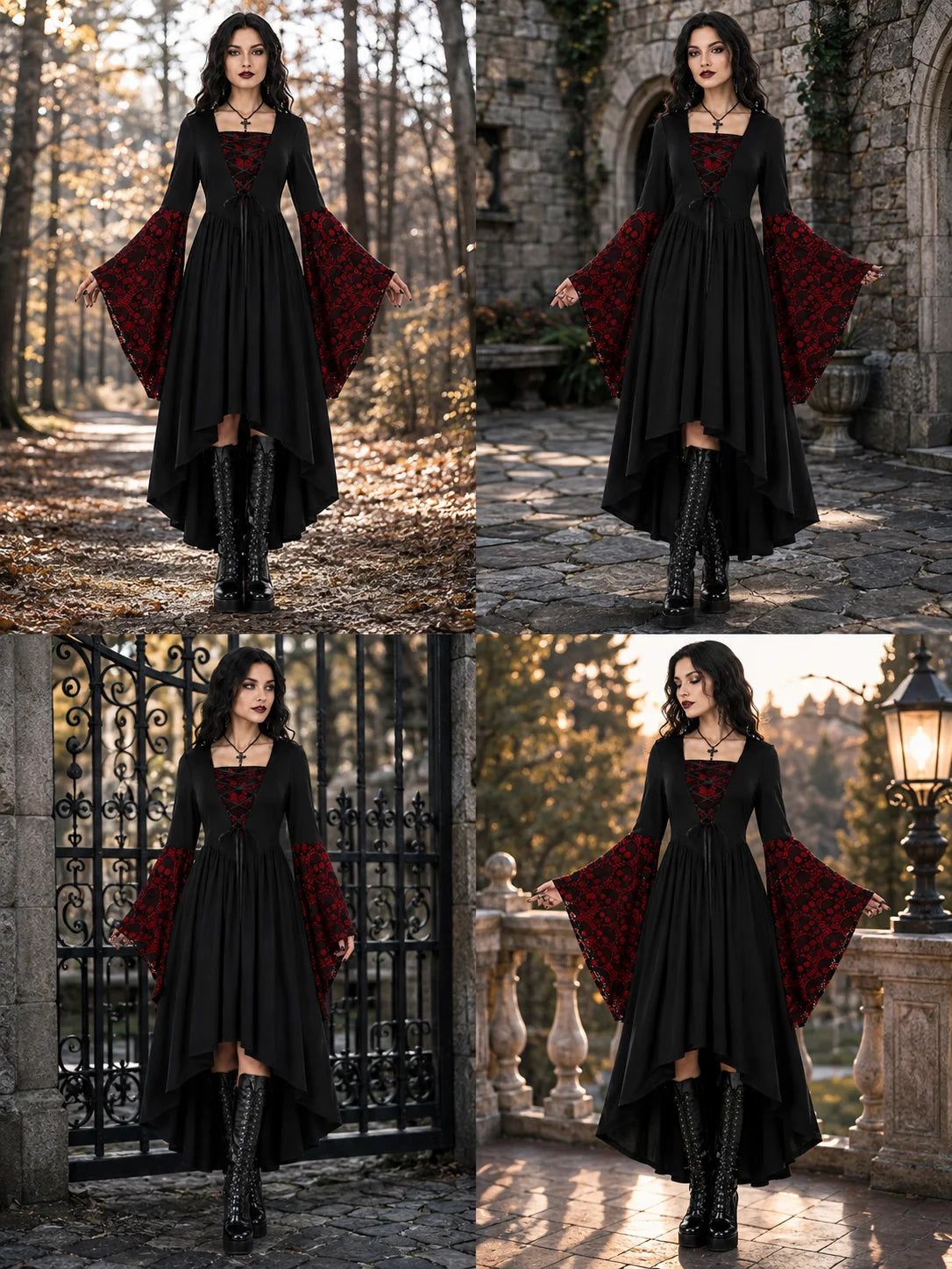 Women Gothic Medieval Dress Skull Lace Bell Long Sleeve Lace Up Front High Low Midi Dress Vintage Renaissance Witch Costume Halloween Cosplay Party Dress