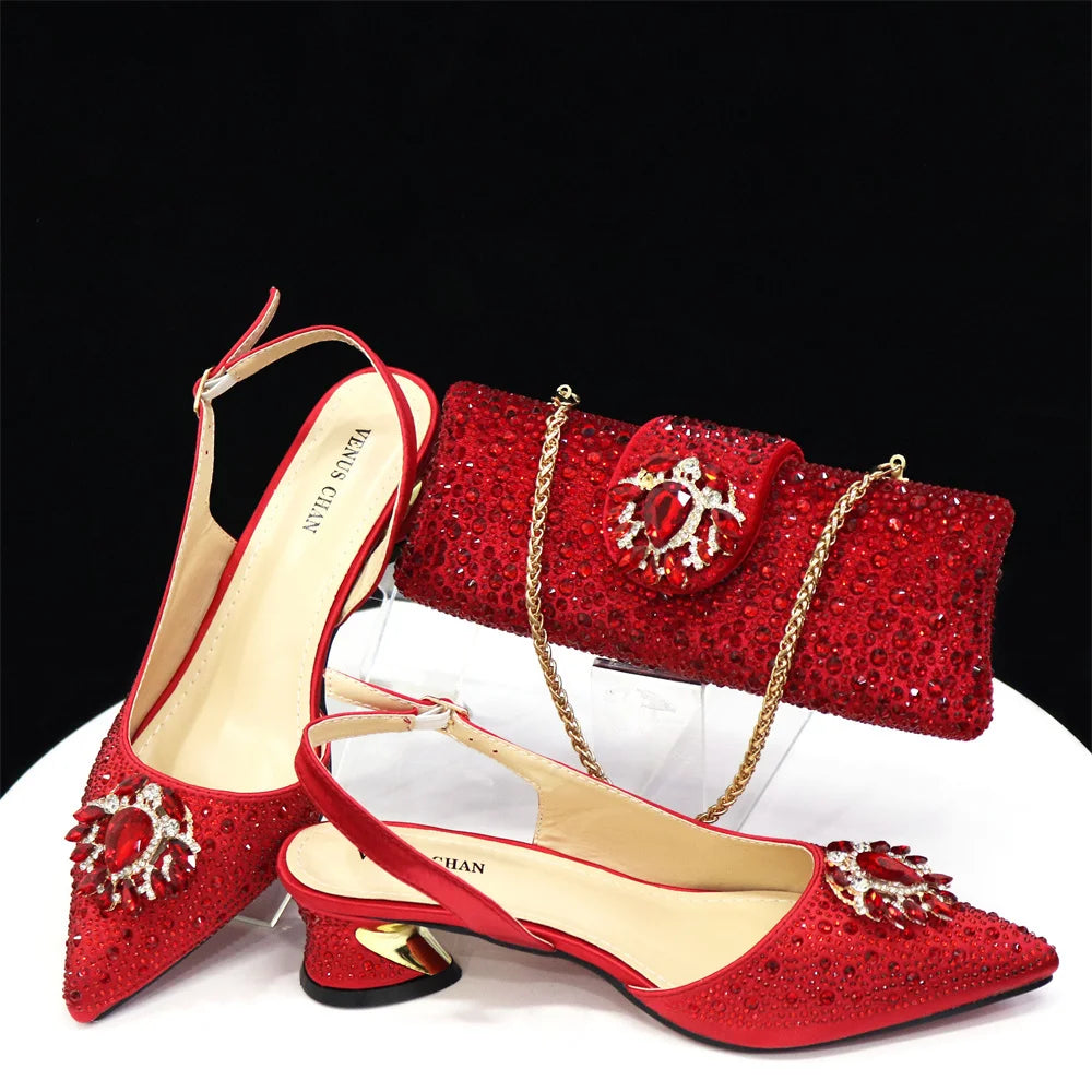 Venus Chan Royal Blue Sandals for Women 2024 Luxury Wedding Pumps Med Heels Rhinestone Design Party Shoes and Bags Set