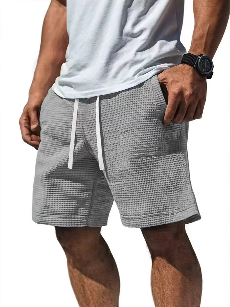 Men Shorts Solid Color Mid Waist Summer Motion Waffle Texture Deep Crotch Drawstring Mens Shorts Loose Knee Length Casual Short