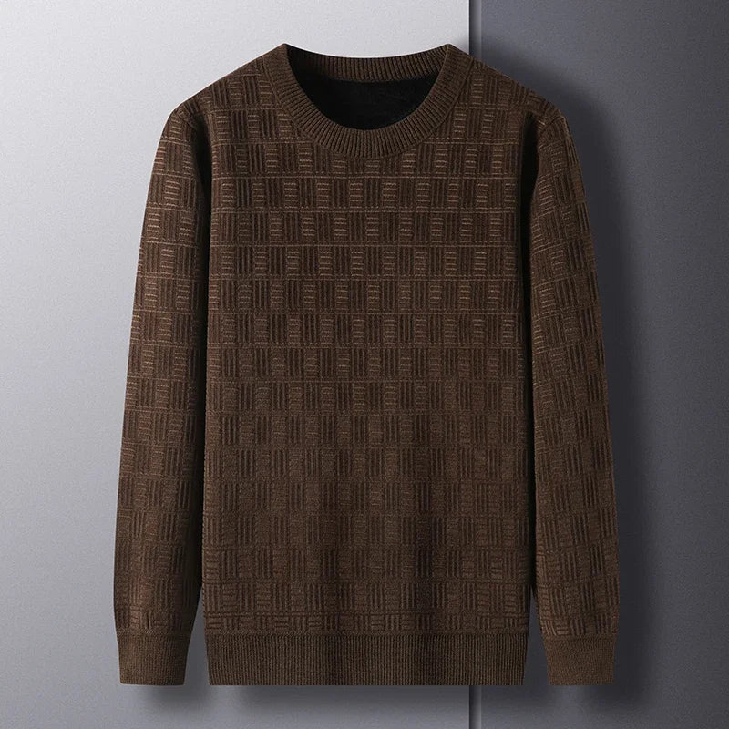 Chenille Winter Warm Sweaters Men Plaid Jacquard O-neck Pullovers Fleece Thick Knitwear Male Business Casual Knitted Sweater