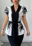 Elegant Summer Commute Floral Print Waist-Cinching Short Sleeve Top for Women Business Casual Shirt
