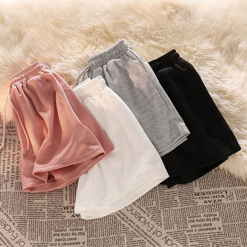 Womens Casual Shorts Korean Style Basic Summer Loose High Waist Drawstring Lounge Shorts Wide Leg Sports Shorts Home Sleepwear
