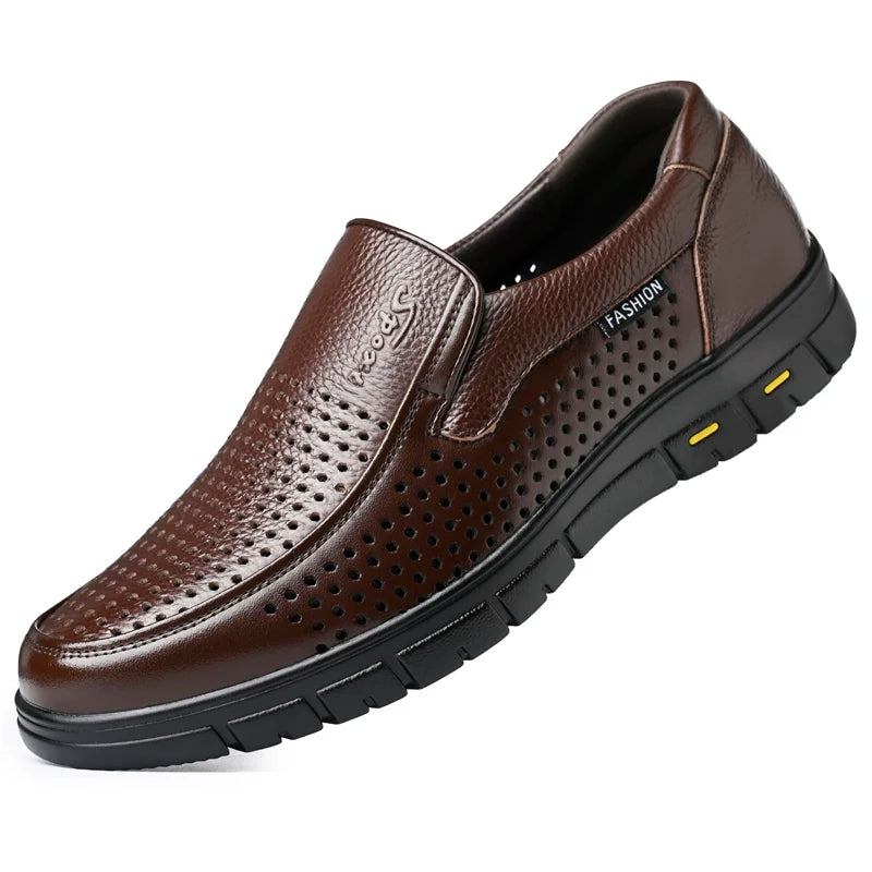 Men's Genuine Leather Sandals Men Summer Hollow Breathable Leather Shoes Mens Casual Soft Comfortable Flats EU Sizes 38-48