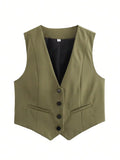 HH Elegant Womens Minimalist Solid Color Suit Vest Fitted Waist V Neck Office Workwear Business Waistcoat Casual Streetwear Tops