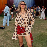Coachella Style Polka Dot Two Piece Outfit, Sheer Flare Sleeve Shirt & Wrap Skirt, Casual Vacation Set For Women