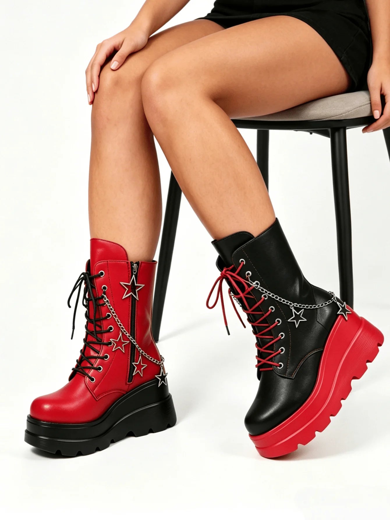 Platform Ankle Boots For Womem Round Toe Chunky Heel Lace Up Boots With Side Zipper Stars Dec sx260210154995309672287