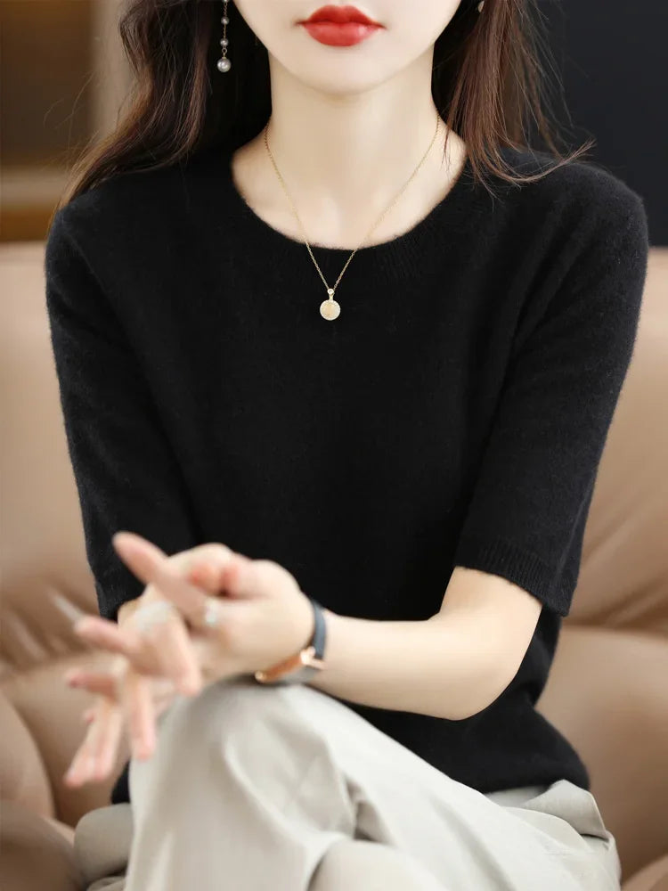 Spring Autumn Women Sweaters Short Sleeves O-neck Bottoming Shirts Knitwear 2026 Summer Knit Tops Pullovers Korean Jumpers