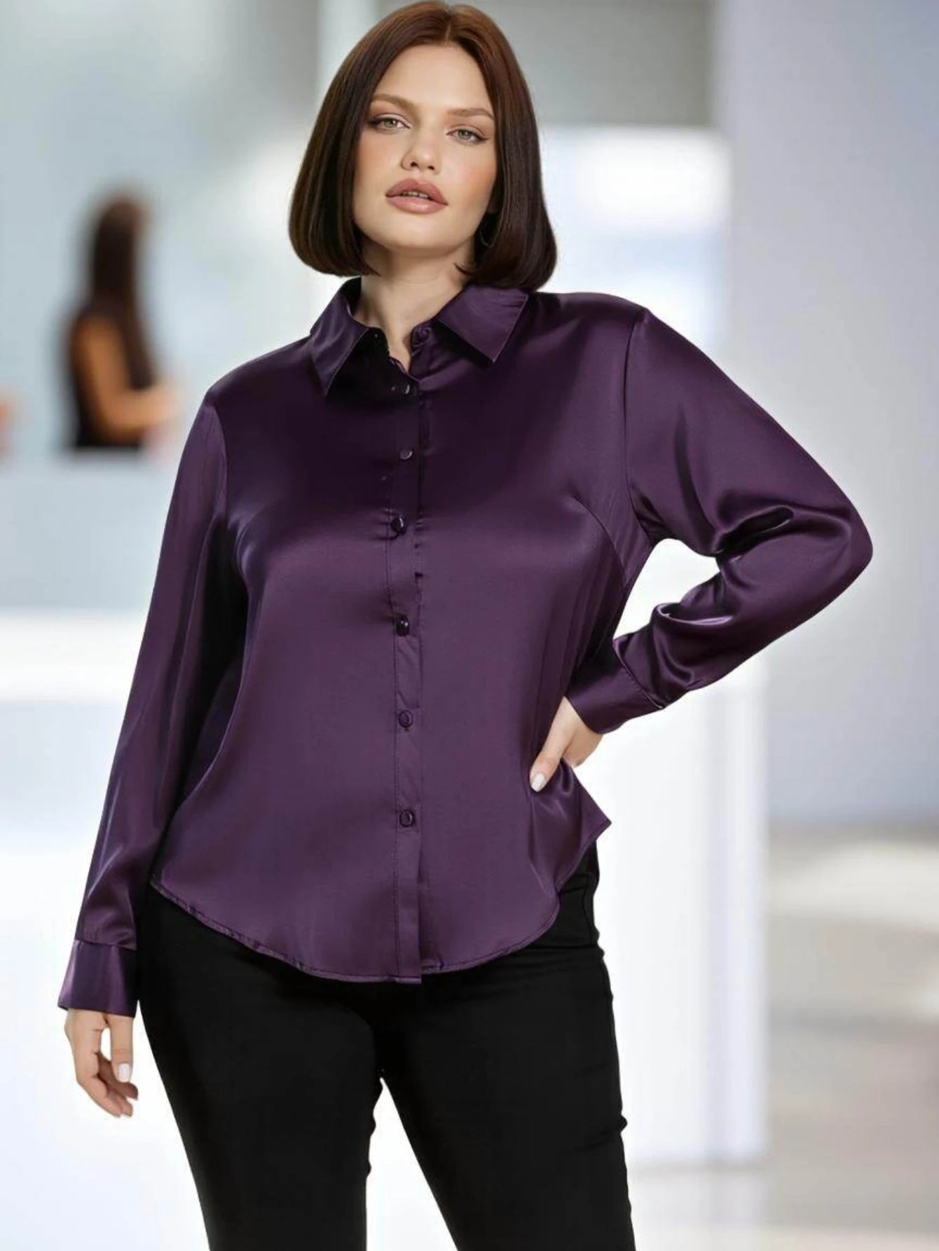 Women's Plus Size Lapel Long Sleeve Button Down Casual Shirt For Office Daily Weekend Urban Fashion Occasions