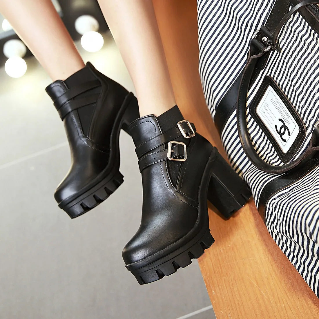 Women's Ankle Boots Women Platform High Heels Fashion Buckle Side Zipper Autumn Winter Women's Ankle Boots Size 33-43