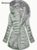 Women Hooded Warm Padded Jacket Fleece Lined Interior Diagonal Zipper Slim Silhouette Mid Length Winter Outer Coat
