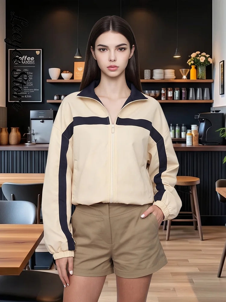 Women's Jackets Beige Black Zip Collar Crop Jacket Lapel Loose Streetwear Spring Autumn Chic Sports Outfits Short Coats 2026 New