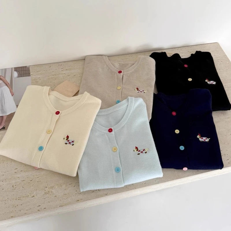 Autumn Winter 2026 Soft Elegant O-neck Loose Casual Sweaters Women Knitted Chic Embroidery Cardigan Basic Colorful Buttons Tops