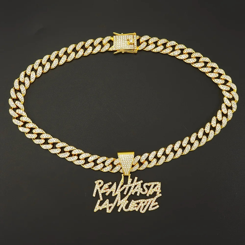 Hip-hop Cuban link necklace — "REAL HASTA LA MUERTE" pendant; gold and silver chains for a rapper-style look.