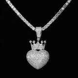 Bling Crown Love Heart Charm Rhinestone Heart Crown Jewelry For Men Women Trendy Rap Accessory Romantic Lovers Fine Jewelry Gifts for Girl Boy Friends Iced Out Crowned Heart Pendant Micro Pave Cubic Zirconia 18K Gold Plated H