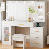 49.2" Large Glass Top Vanity Desk with Lighted Mirror and Stool | White Makeup Vanity table with Nightstand,Power, Custom