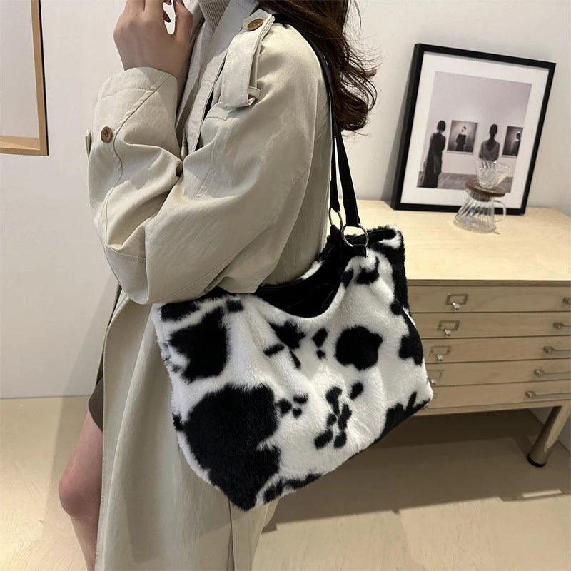 Large Capacity Shopper Bags For Women Winter Travel Tote Bag Cow Printing Plush Shoulder Bag Ladies Handbag Designer Bolsos