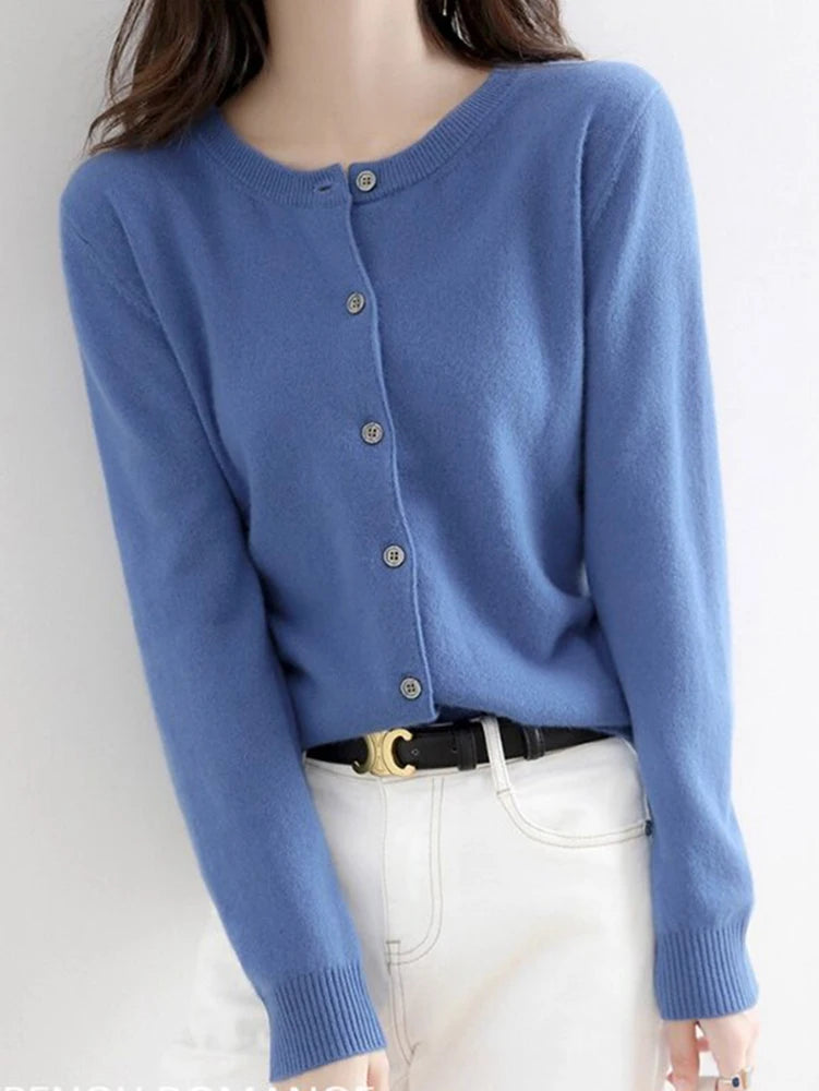 Women Knitted Cardigans Autumn Winter 2025 Round Neck Casual Long Sleeve Tops Solid Basic Soft Sweaters Female