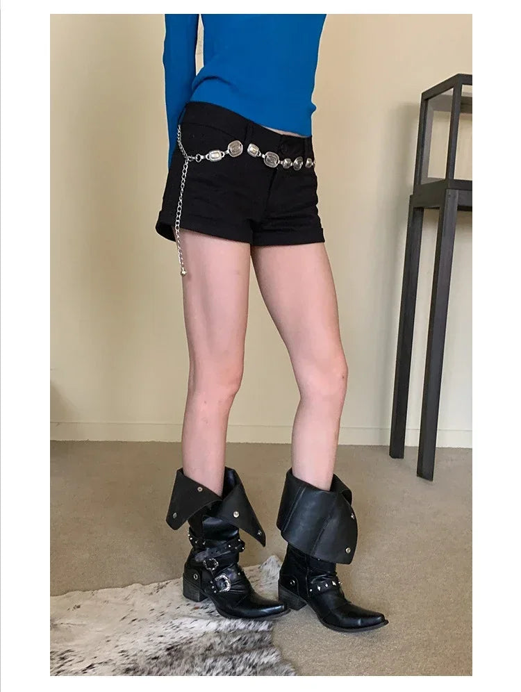 Woman Black Punk Knee High Platform Low Heel Trend Punk Gothic New Rock Leather Fashion Women Chunky Knight Motorcycle Footwear