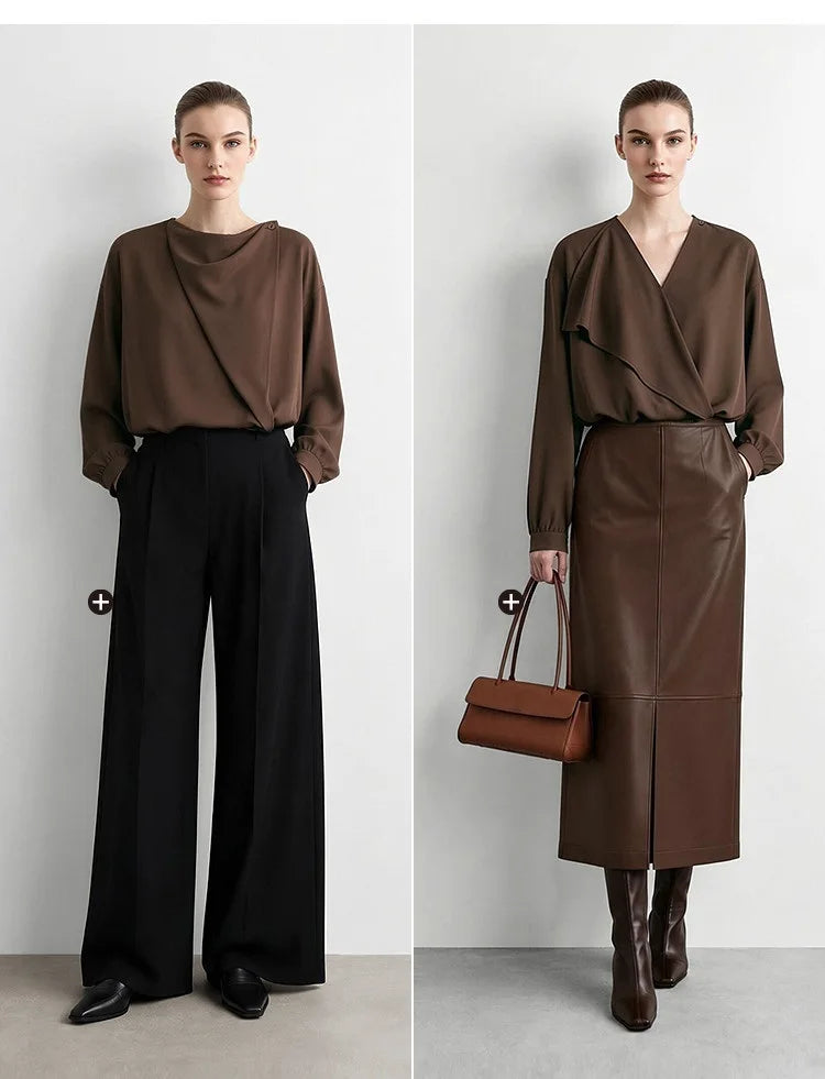 Amii 2026 Autumn Women Blouse Reversible V Neck Wrap Cowl Neck Long Sleeve Chiffon Blouses Woman Loose Casual Shirts 12643013