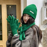 Solid Color Touch Screen Gloves Women Korean Autumn Winter Warm Knitted Three-piece Set Scarves Gloves Hat Women's Glove Sets
