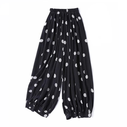 Modern Large Polka Dot 100% Natural Mulberry Silk Crepe De Chine Elastic Waist Women's Fashionable Cropped Lantern Pants