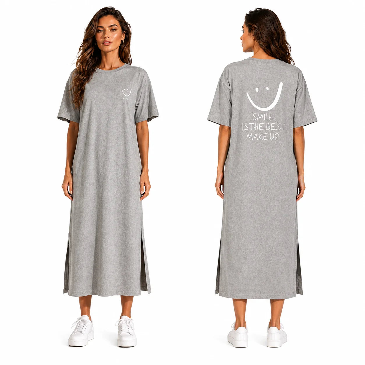 Smiley Letter Print Side Split Loose Oversized Women T‑Shirt Maxi Dress, Crew Neck Short Sleeve Casual Long Tee Dress, Soft Loungewear Nightgown, Streetwear Sundress for Daily Home Party Vacation Travel Shopping Casual Occa