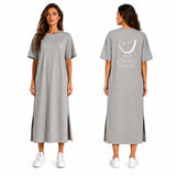 Smiley Letter Print Side Split Loose Oversized Women T‑Shirt Maxi Dress, Crew Neck Short Sleeve Casual Long Tee Dress, Soft Loungewear Nightgown, Streetwear Sundress for Daily Home Party Vacation Travel Shopping Casual Occa
