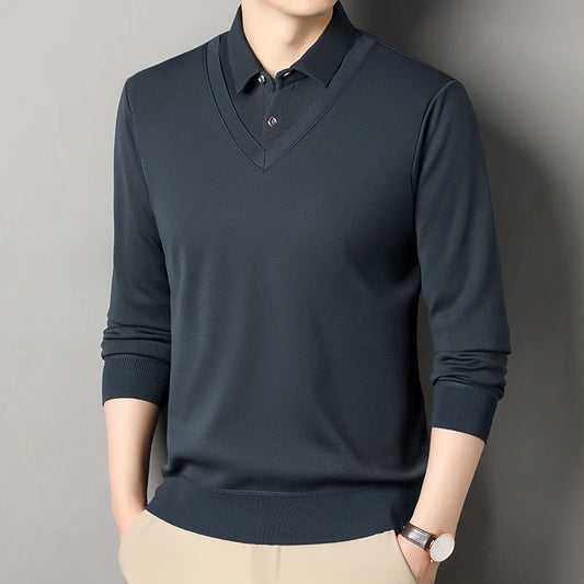 Men's Vintage Sweater Business Casual Pullover Slim Fit Fleece Lined Clothes Fake Two Pieces Knitted Sweaters