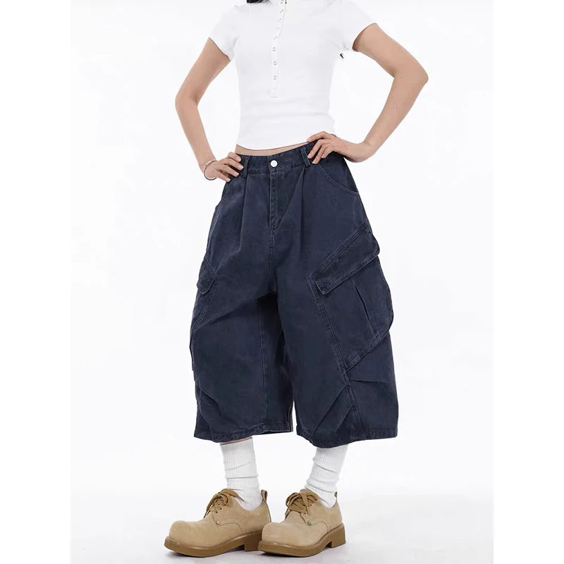ZHIZOU Summer Women American Retro Green Cargo Jeans Shorts Y2K 2000s Harajuku Denim Calf-Length Pants Streetwear High Street
