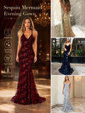 Sexy Sequin Floral Mermaid Evening Gown for Women Deep V Neck Spaghetti Strap Formal Prom Dress Floor Length Tulle Wedding Guest Party Ball Gown