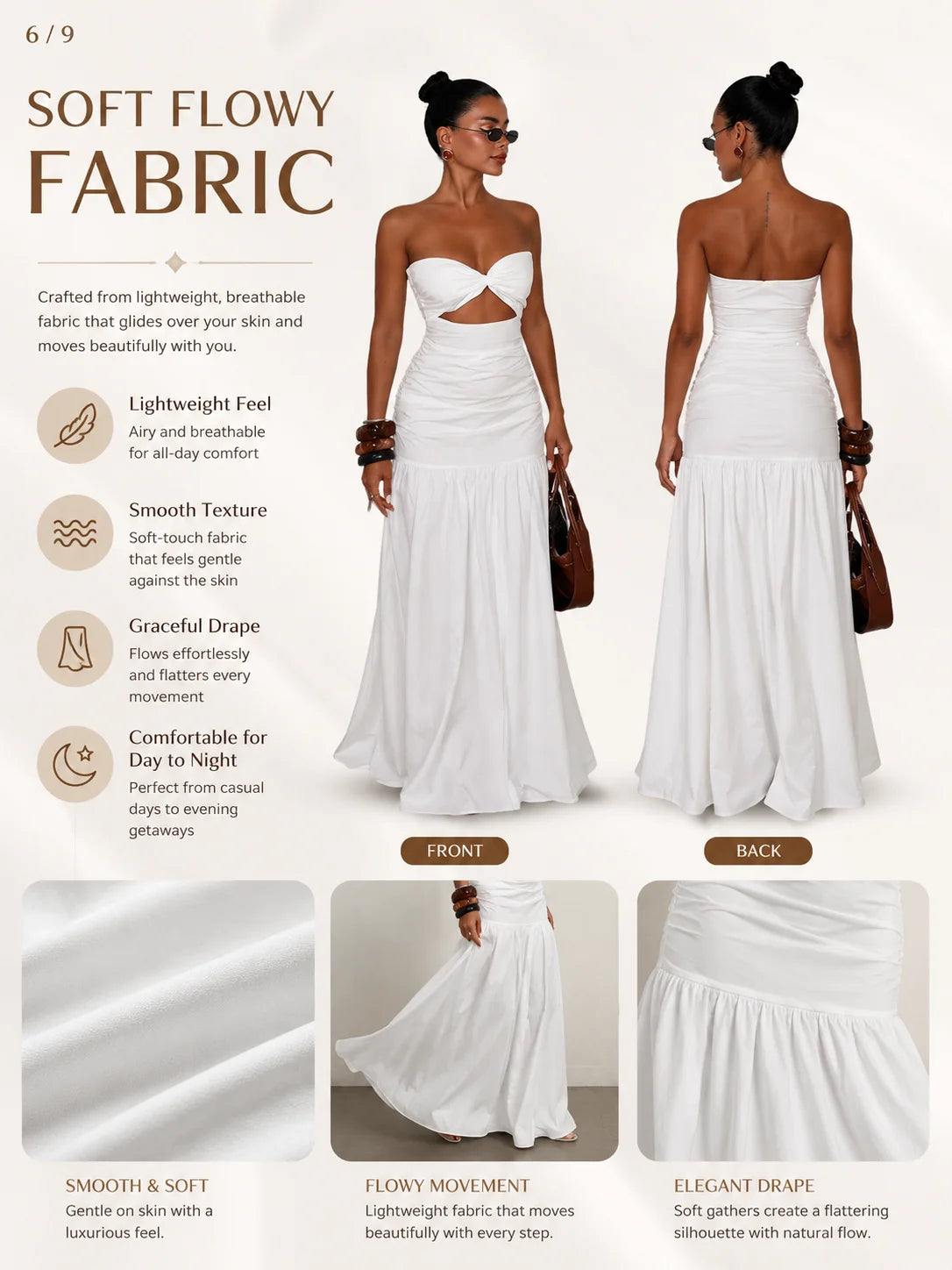 Women Strapless Twist Cutout Maxi Dress Ruched Waist Flowy A Line Long Tube Top Dress Summer Beach Vacation Casual Sundress