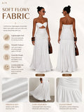 Women Strapless Twist Cutout Maxi Dress Ruched Waist Flowy A Line Long Tube Top Dress Summer Beach Vacation Casual Sundress
