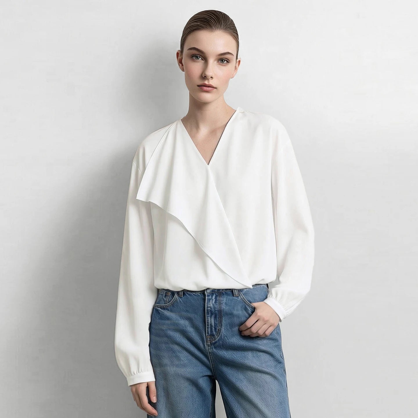 Amii 2026 Autumn Women Blouse Reversible V Neck Wrap Cowl Neck Long Sleeve Chiffon Blouses Woman Loose Casual Shirts 12643013