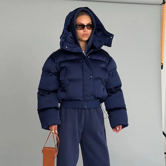 Winter Hooded Jacket Short Top Cropped Drawstring Waist Coat Woman Long Sleeve Warm Quilted Out Jackets Streetwear Lady Clothes