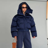 Winter Hooded Jacket Short Top Cropped Drawstring Waist Coat Woman Long Sleeve Warm Quilted Out Jackets Streetwear Lady Clothes