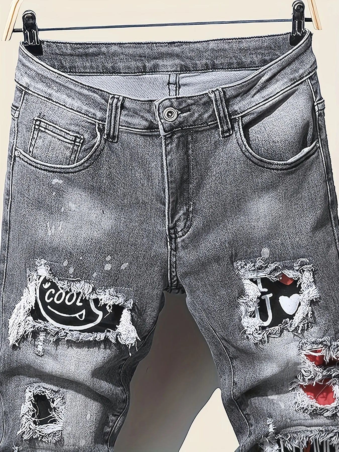 Men's jeans with splatter graffiti, ripped patches, distressed wash, slim fit, slimming, versatile casual long pants