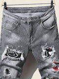 Men's jeans with splatter graffiti, ripped patches, distressed wash, slim fit, slimming, versatile casual long pants