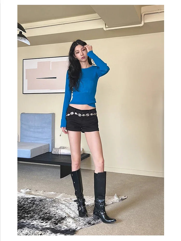 Woman Black Punk Knee High Platform Low Heel Trend Punk Gothic New Rock Leather Fashion Women Chunky Knight Motorcycle Footwear