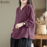 Vintage Women Blouse Autumn Long Sleeve Shirt Female V Neck Work Holiday Blusas ZANZEA Casual Solid Loose Shirt Cotton Chemise