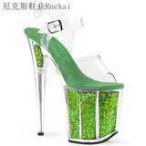 Rncksi 2025 Fashion Sexy Pole dancing Summer 20cm PVC Women Sandals Thin High Heels Sandals Slip-On Size 35-42