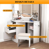 LED Vanity Desk With 3-Light Modes & Built-in Charging Station - Makeup Table With Open Storage Shelves, Drawers & Matching Stool