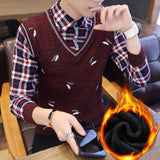 Autumn Winter Plaid Sweaters Polo Collar Pullover Slim Fit Man Clothes Plush Warm Jumpers Thick Fake 2 Piece Polo Shirts